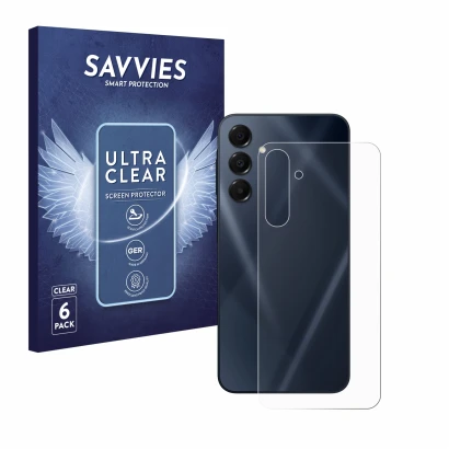 Face avant d’un emballage produit avec le logo de la marque Savvies. À côté, l’appareil Samsung Galaxy A16 5G (Arrière) est re