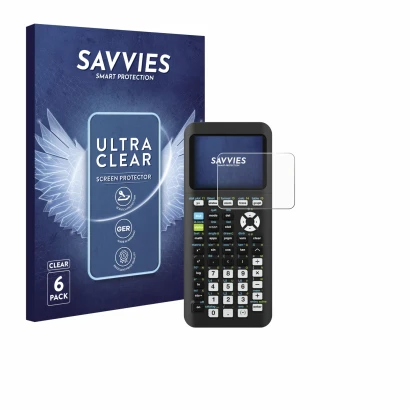 Face avant d’un emballage produit avec le logo de la marque Savvies. À côté, l’appareil Texas Instruments TI-84 Plus CE-T Pyth