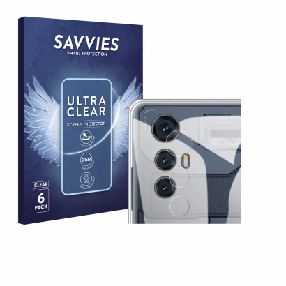 Face avant d’un emballage produit avec le logo de la marque Savvies. À côté, l’appareil Cubot Max 5 (Caméra UNIQUEMENT) est re
