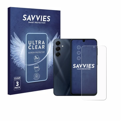 Face avant d’un emballage produit avec le logo de la marque Savvies. À côté, l’appareil Samsung Galaxy A16 4G (Avant+Caméra) e