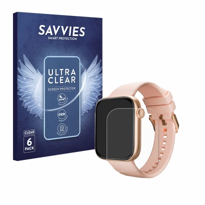 Face avant d’un emballage produit avec le logo de la marque Savvies. À côté, l’appareil Maoo ProWatch 1.85" est représenté ave