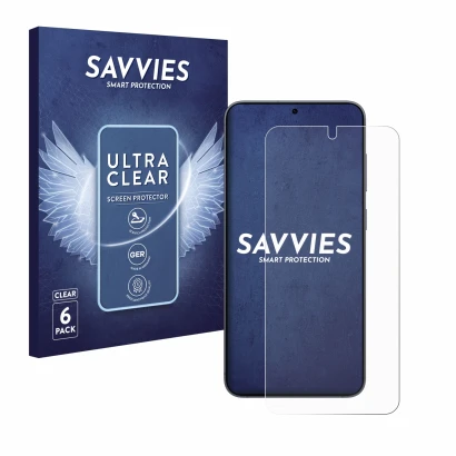 Face avant d’un emballage produit avec le logo de la marque Savvies. À côté, l’appareil Samsung Galaxy S25 est représenté avec