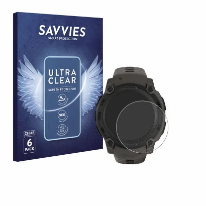 Face avant d’un emballage produit avec le logo de la marque Savvies. À côté, l’appareil Garmin Instinct E (40 mm) est représen