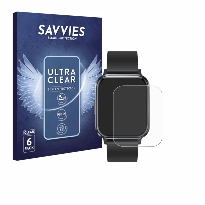 Face avant d’un emballage produit avec le logo de la marque Savvies. À côté, l’appareil Braidol Smartwatch 1.83" est représent