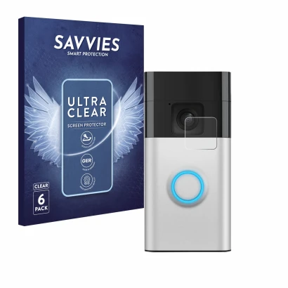 Face avant d’un emballage produit avec le logo de la marque Savvies. À côté, l’appareil Ring Battery Video Doorbell est représ