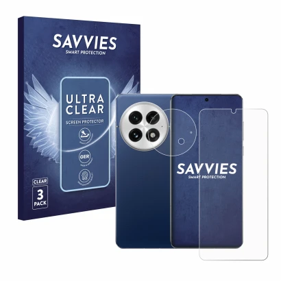 Face avant d’un emballage produit avec le logo de la marque Savvies. À côté, l’appareil OnePlus 13 (Avant+Caméra) est représen