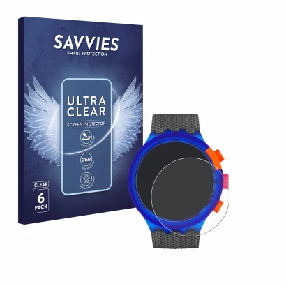 Face avant d’un emballage produit avec le logo de la marque Savvies. À côté, l’appareil Swatch Neon Party est représenté avec 