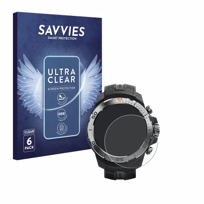 Face avant d’un emballage produit avec le logo de la marque Savvies. À côté, l’appareil Xiaomi Mibro GS Explorer est représent