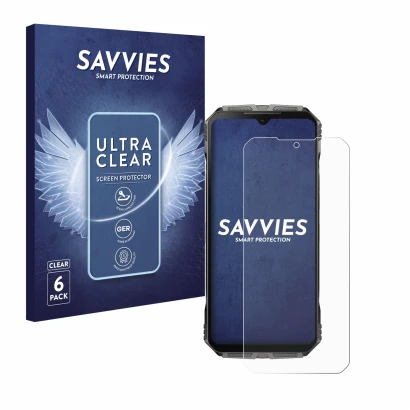 Face avant d’un emballage produit avec le logo de la marque Savvies. À côté, l’appareil Doogee S Cyber Pro est représenté avec