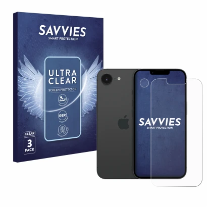 Face avant d’un emballage produit avec le logo de la marque Savvies. À côté, l’appareil Apple iPhone 16e (Avant+Caméra) est re
