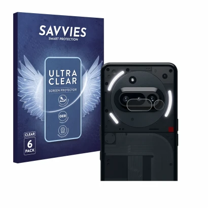 Face avant d’un emballage produit avec le logo de la marque Savvies. À côté, l’appareil Nothing Phone (3a) (Caméra UNIQUEMENT)