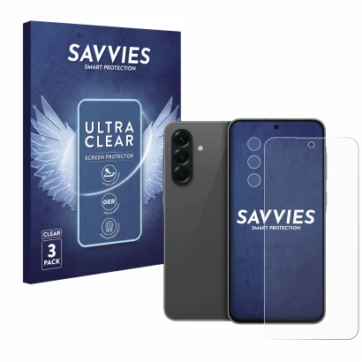 Face avant d’un emballage produit avec le logo de la marque Savvies. À côté, l’appareil Samsung Galaxy A56 5G (Avant+Caméra) e