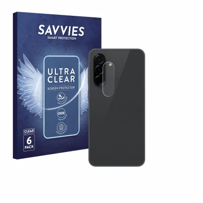 Face avant d’un emballage produit avec le logo de la marque Savvies. À côté, l’appareil Samsung Galaxy A36 5G (Caméra UNIQUEME