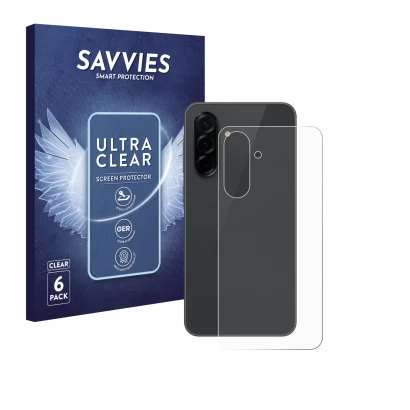 Face avant d’un emballage produit avec le logo de la marque Savvies. À côté, l’appareil Samsung Galaxy A36 5G (Arrière) est re
