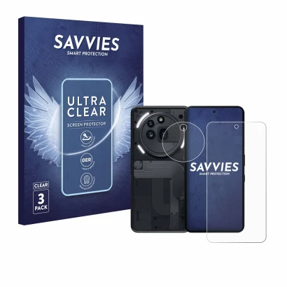 Face avant d’un emballage produit avec le logo de la marque Savvies. À côté, l’appareil Nothing Phone (3a) Pro (Avant+Caméra) 