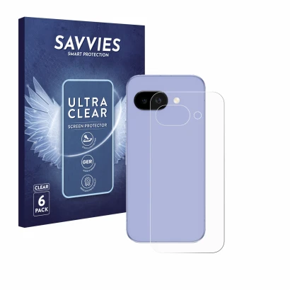 Face avant d’un emballage produit avec le logo de la marque Savvies. À côté, l’appareil Google Pixel 9a (Arrière) est représen