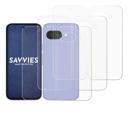 Image de l'appareil Google Pixel 9a (Avant+Arrière) avec une grande variété de protections d'écran.