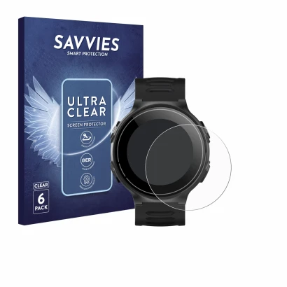 Face avant d’un emballage produit avec le logo de la marque Savvies. À côté, l’appareil Kiprun GPS 500 Coros est représenté av