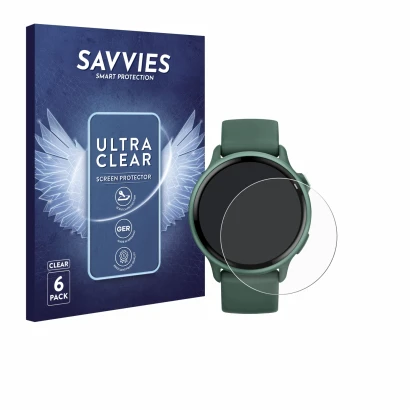 Face avant d’un emballage produit avec le logo de la marque Savvies. À côté, l’appareil Garmin vivoactive 6 est représenté ave