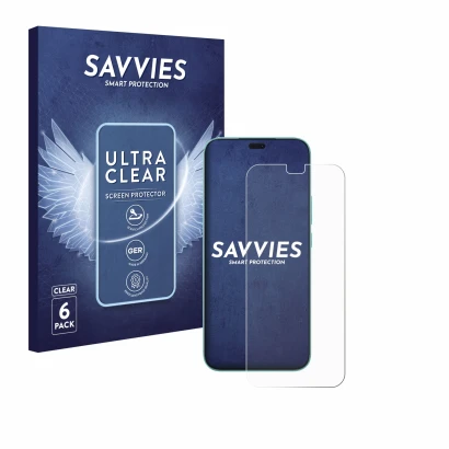 Face avant d’un emballage produit avec le logo de la marque Savvies. À côté, l’appareil Honor 400 Lite est représenté avec la 