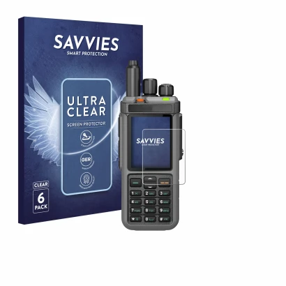 Face avant d’un emballage produit avec le logo de la marque Savvies. À côté, l’appareil Radtel RT-880 est représenté avec la p