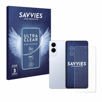 Face avant d’un emballage produit avec le logo de la marque Savvies. À côté, l’appareil Samsung Galaxy S25 Edge (Avant+Caméra)
