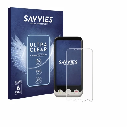 Face avant d’un emballage produit avec le logo de la marque Savvies. À côté, l’appareil Doro Aurora A10 est représenté avec la