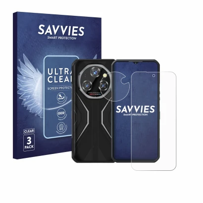 Face avant d’un emballage produit avec le logo de la marque Savvies. À côté, l’appareil Oukitel WP55 Pro (Avant+Caméra) est re