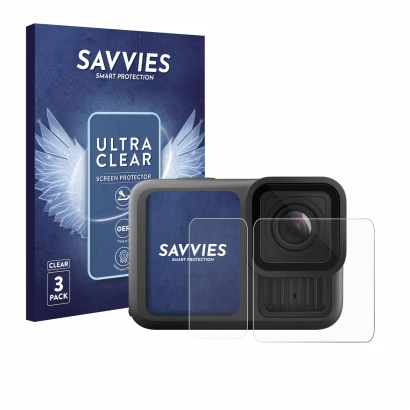 Face avant d’un emballage produit avec le logo de la marque Savvies. À côté, l’appareil GoPro Hero 13 Black Ultra Wide Edition