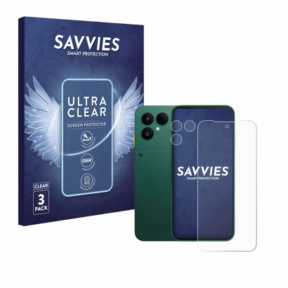 Face avant d’un emballage produit avec le logo de la marque Savvies. À côté, l’appareil Fairphone 6 (Avant+Caméra) est représe