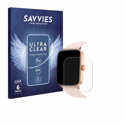 Face avant d’un emballage produit avec le logo de la marque Savvies. À côté, l’appareil Yoever Smartwatch 1.85" est représenté