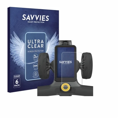 Face avant d’un emballage produit avec le logo de la marque Savvies. À côté, l’appareil PowaKaddy CT12 GPS est représenté avec