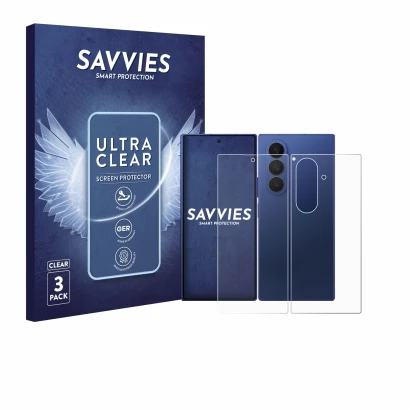 Face avant d’un emballage produit avec le logo de la marque Savvies. À côté, l’appareil Samsung Galaxy Z Fold 7 (Avant+Arrière