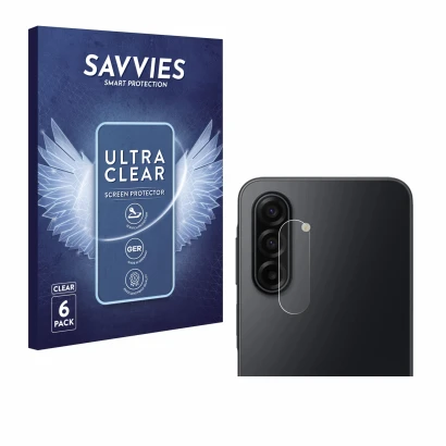 Face avant d’un emballage produit avec le logo de la marque Savvies. À côté, l’appareil Samsung Galaxy A17 5G (Caméra UNIQUEME