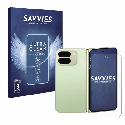 Face avant d’un emballage produit avec le logo de la marque Savvies. À côté, l’appareil Google Pixel 10 Pro Fold (Avant+Caméra