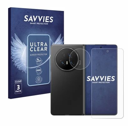 Face avant d’un emballage produit avec le logo de la marque Savvies. À côté, l’appareil Honor Magic V5 (Avant+Caméra) est repr