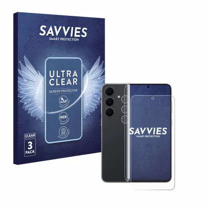 Face avant d’un emballage produit avec le logo de la marque Savvies. À côté, l’appareil Samsung Galaxy S25 FE (Avant+Caméra) e