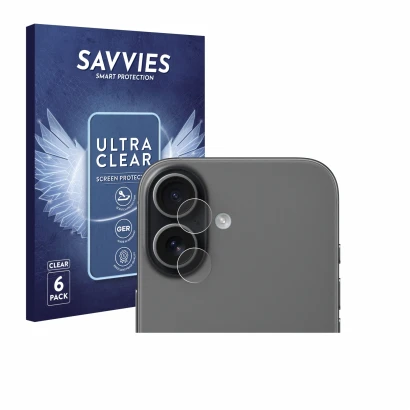 Face avant d’un emballage produit avec le logo de la marque Savvies. À côté, l’appareil Apple iPhone 17 (Caméra UNIQUEMENT) es