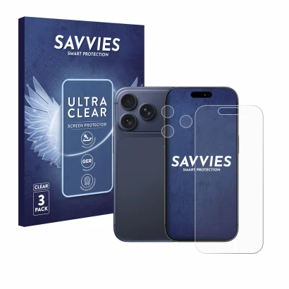 Face avant d’un emballage produit avec le logo de la marque Savvies. À côté, l’appareil Apple iPhone 17 Pro (Avant+Caméra) est