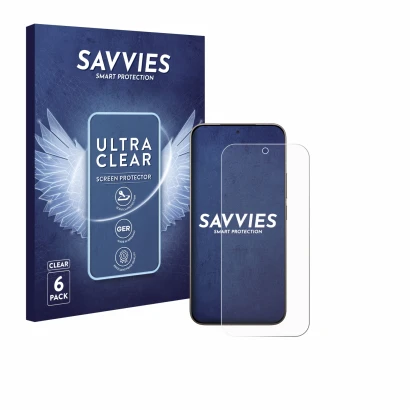 Face avant d’un emballage produit avec le logo de la marque Savvies. À côté, l’appareil Xiaomi 17 est représenté avec la prote