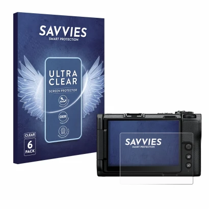 Face avant d’un emballage produit avec le logo de la marque Savvies. À côté, l’appareil Nikon ZR est représenté avec la protec