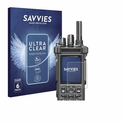 Face avant d’un emballage produit avec le logo de la marque Savvies. À côté, l’appareil Radtel RT-950 Pro est représenté avec 