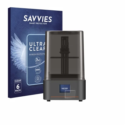 Face avant d’un emballage produit avec le logo de la marque Savvies. À côté, l’appareil Anycubic Photon Mono 4 est représenté 