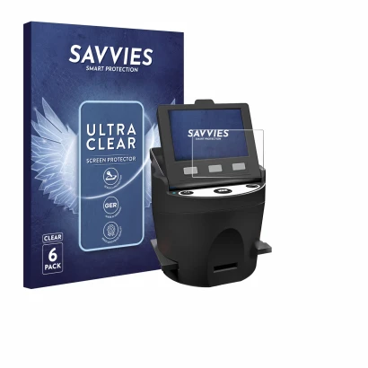 Face avant d’un emballage produit avec le logo de la marque Savvies. À côté, l’appareil Kodak SCANZA est représenté avec la pr