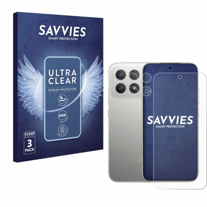 Face avant d’un emballage produit avec le logo de la marque Savvies. À côté, l’appareil Xiaomi Poco F8 Pro (Avant+Caméra) est 