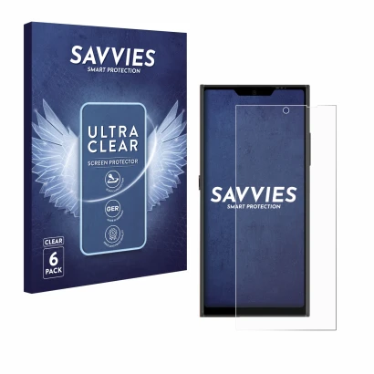 Face avant d’un emballage produit avec le logo de la marque Savvies. À côté, l’appareil Jolla Phone est représenté avec la pro