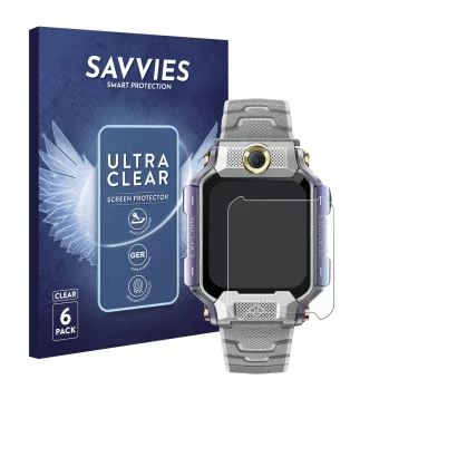 Face avant d’un emballage produit avec le logo de la marque Savvies. À côté, l’appareil Imoo Watch Phone X10 est représenté av