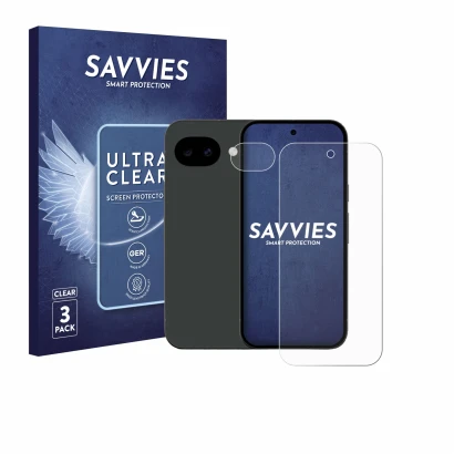 Face avant d’un emballage produit avec le logo de la marque Savvies. À côté, l’appareil Google Pixel 10a (Avant+Caméra) est re