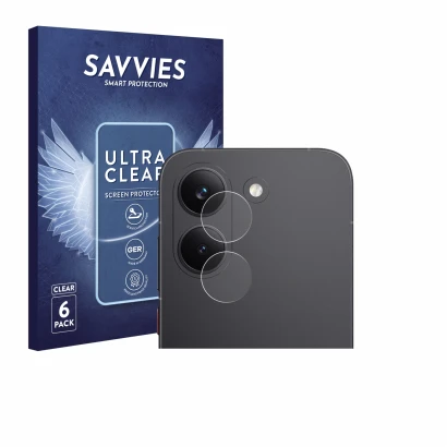 Face avant d’un emballage produit avec le logo de la marque Savvies. À côté, l’appareil Xiaomi Poco X8 Pro (Caméra UNIQUEMENT)