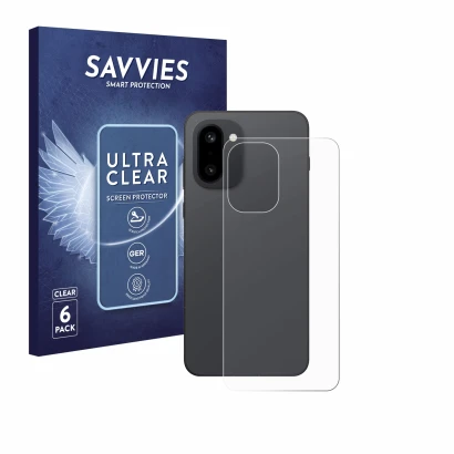 Face avant d’un emballage produit avec le logo de la marque Savvies. À côté, l’appareil OnePlus 15R (Arrière) est représenté a